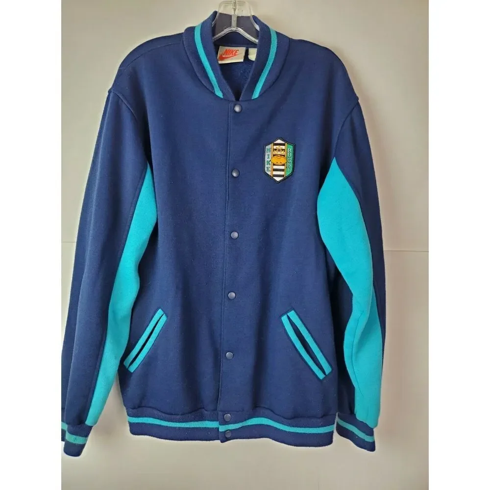 VTG Nike Rugby Union 1987 Snap Button‎ Varsity Bomber Jacket Blue XL LS HN